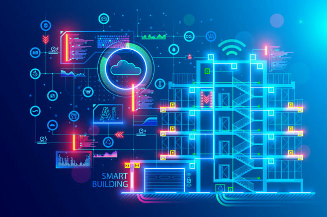 Building design concept. Engineering of autonomous system of smart building. Drafting of communications of house. Project development of apartment house. Architectural drawing, blueprint of facade.